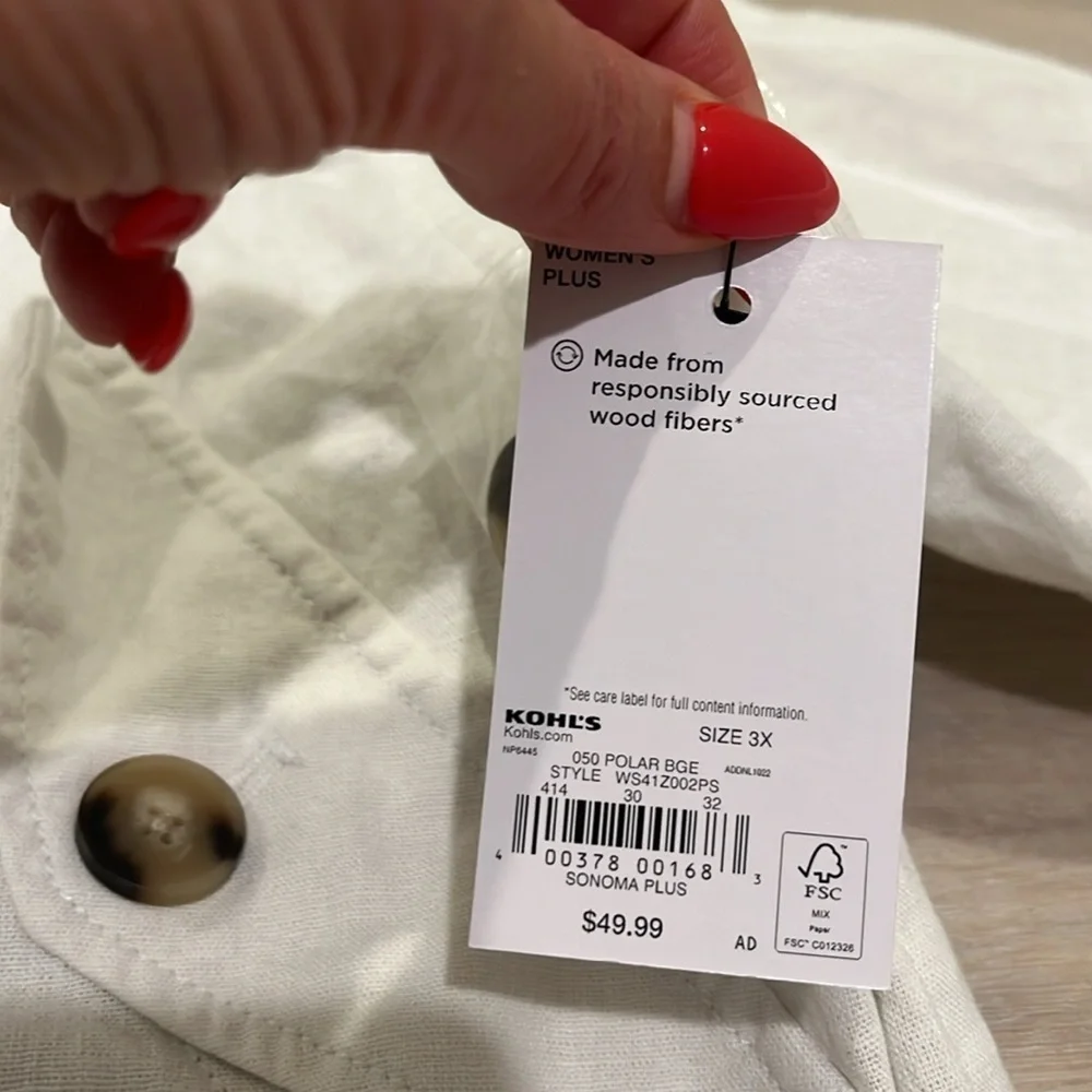 NWT Sonoma women’s plus size 3X polar beige lightweight Linen blend jacket coat